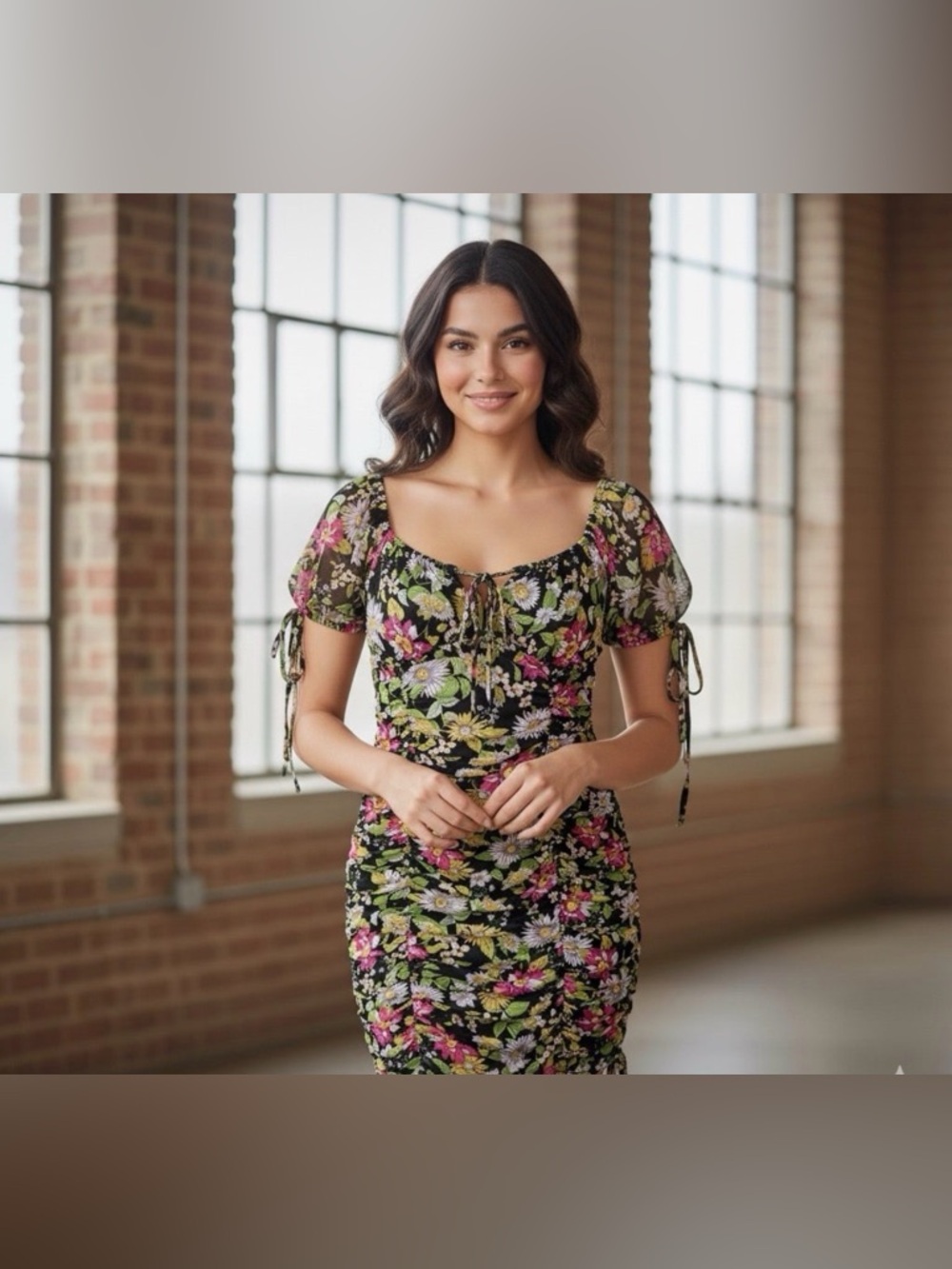Floral Ruched Puff Sleeve Dress in Black with Pink & Green